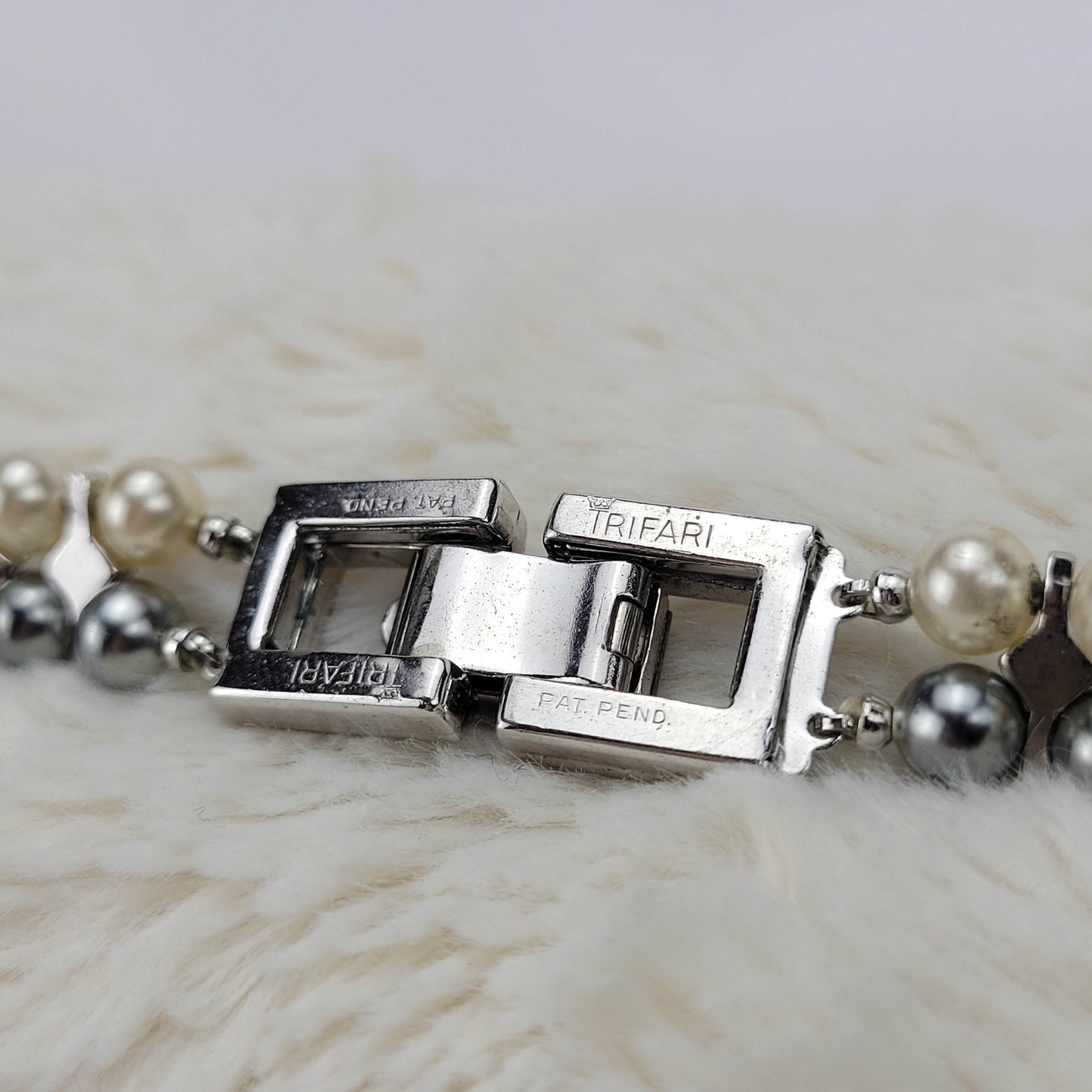 1950's Cream and Silver Pearl Bead Double Strand Necklace with Rhinestones by Trifari