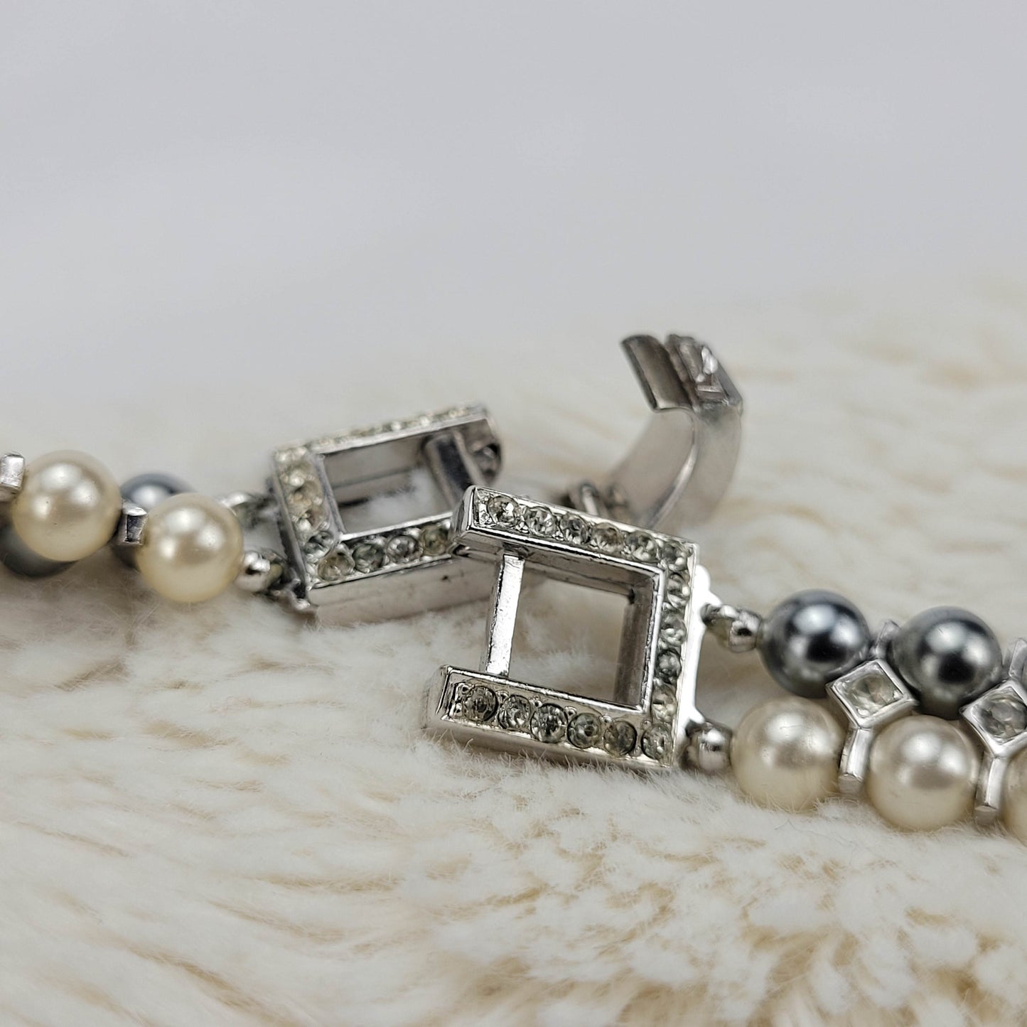 1950's Cream and Silver Pearl Bead Double Strand Necklace with Rhinestones by Trifari