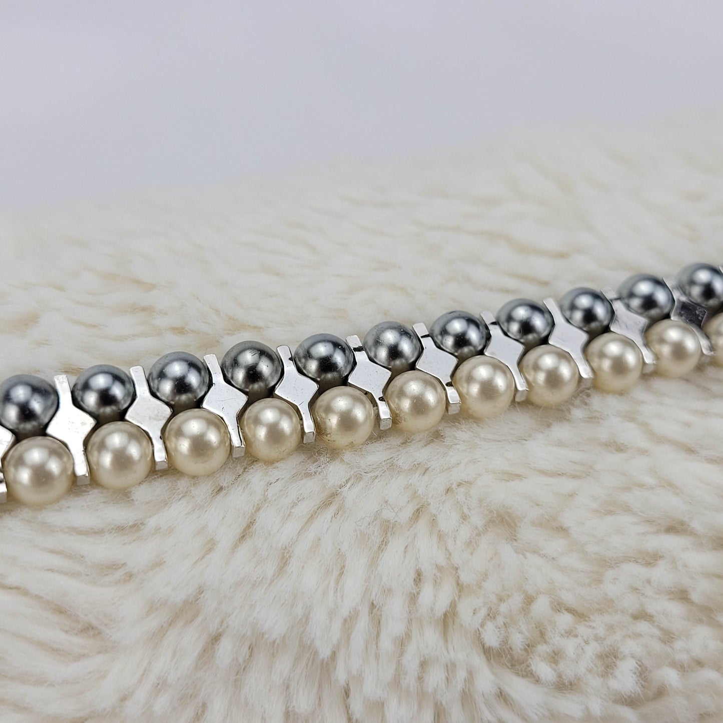 1950's Cream and Silver Pearl Bead Double Strand Necklace with Rhinestones by Trifari