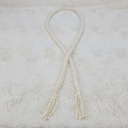 1950's Vintage White Beaded Rope Necklace with Dangle Ends