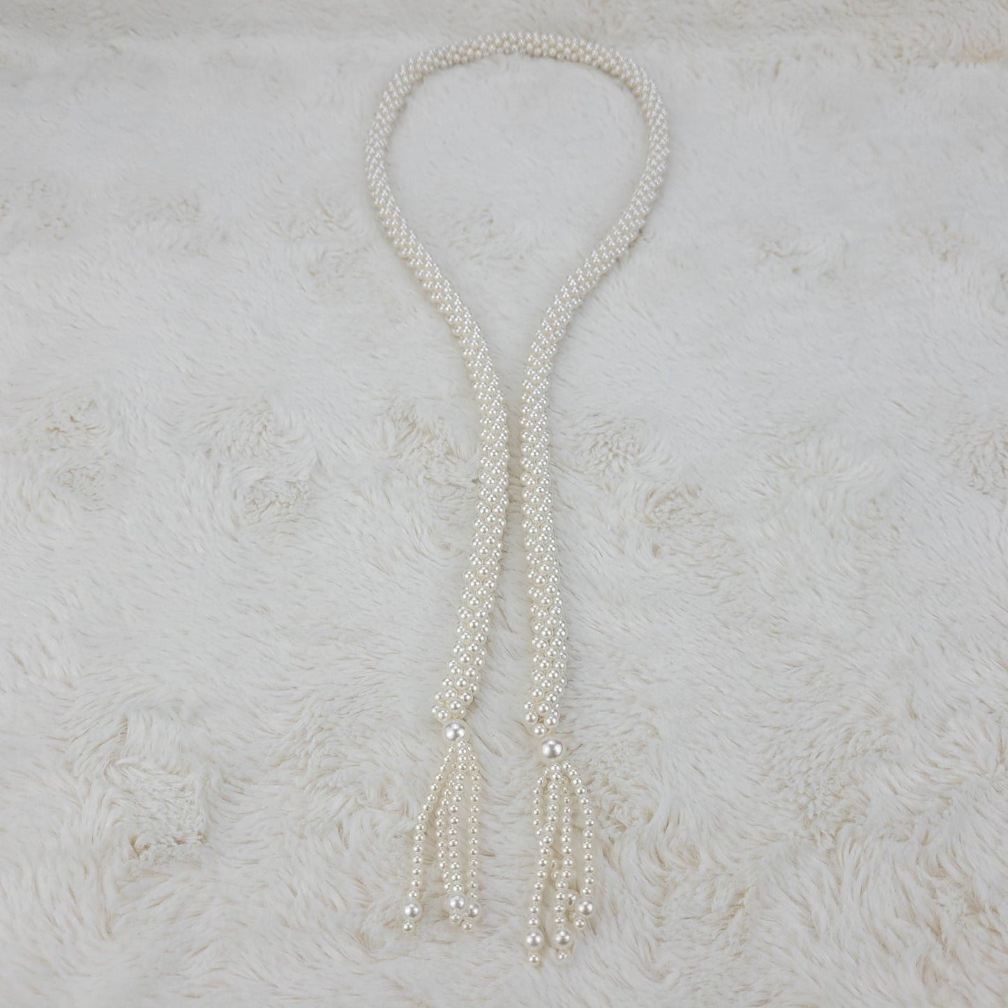 1950's White Beaded Rope Necklace with Dangle Ends