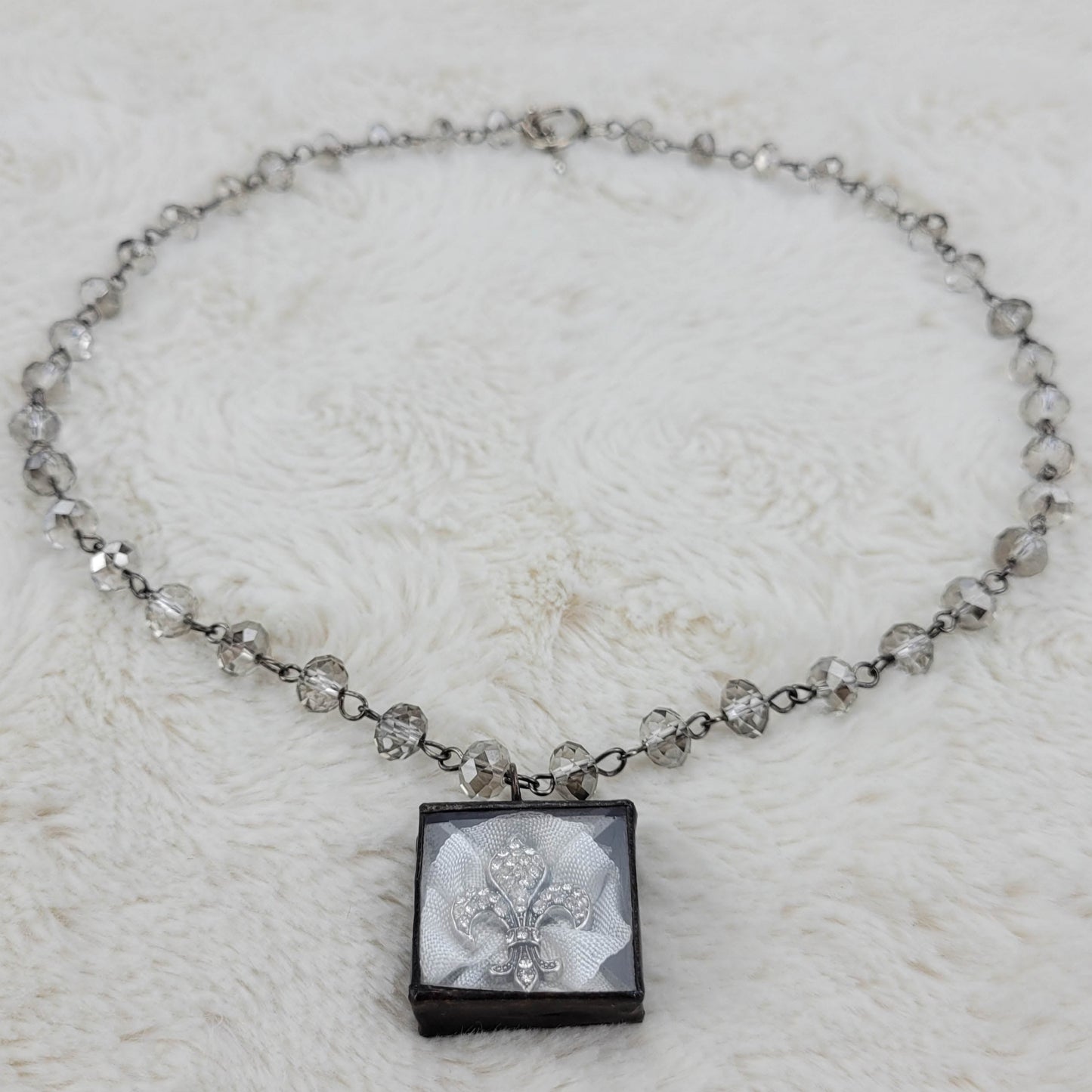 1960's Glass Bead Necklace with a Fleur de Lis Rhinestone Pendant in a Black Box