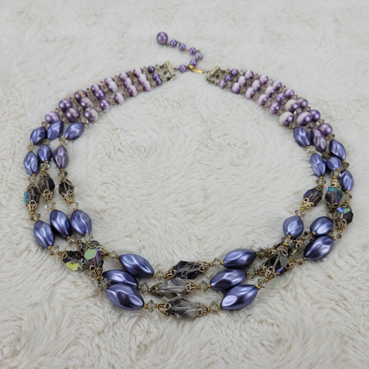 1950's Vintage Purple Aurora Borealis Triple Strand Beaded Necklace