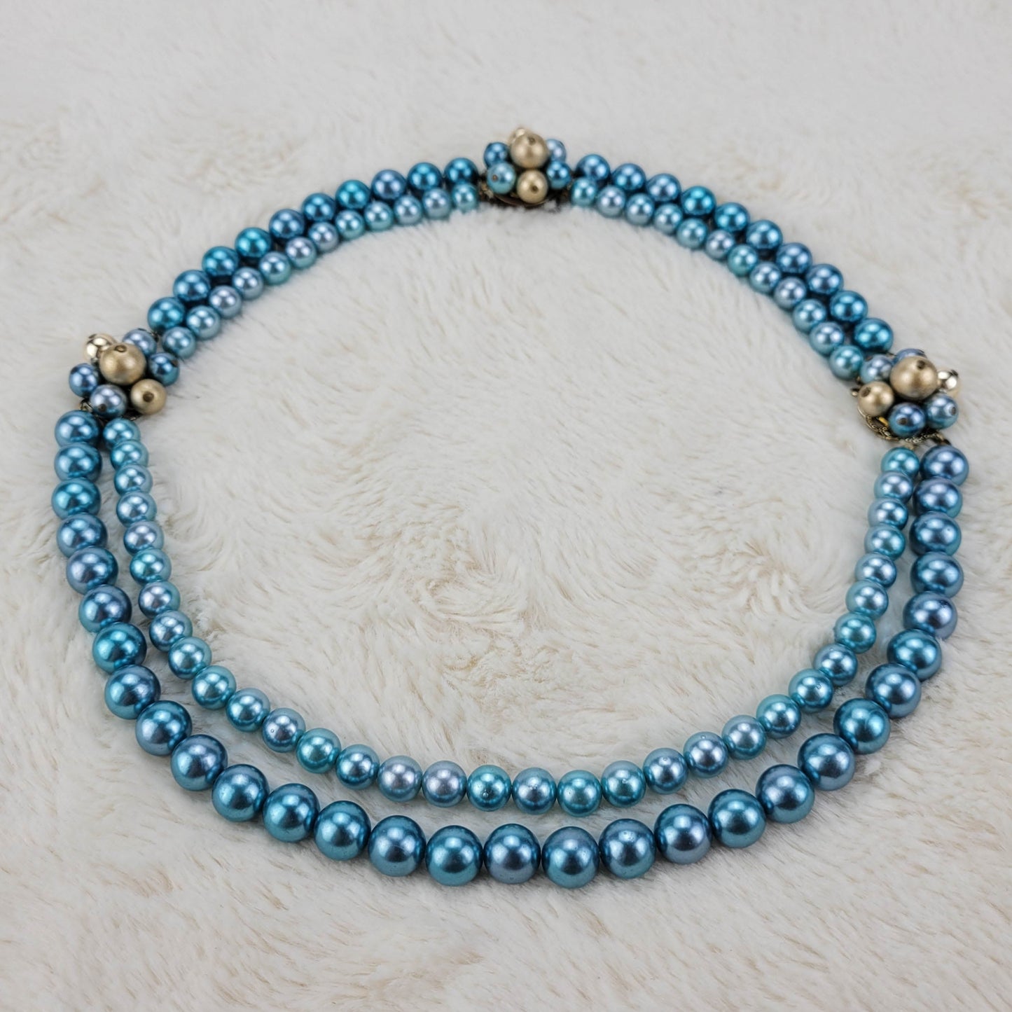 1950's Blue Bead Double Strand Necklace with Gold Tone Filigree Clasp