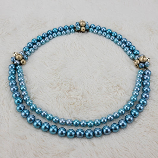 1950s Vintage Necklace with a Double Strand of Blue Beads and Filigree Clasp