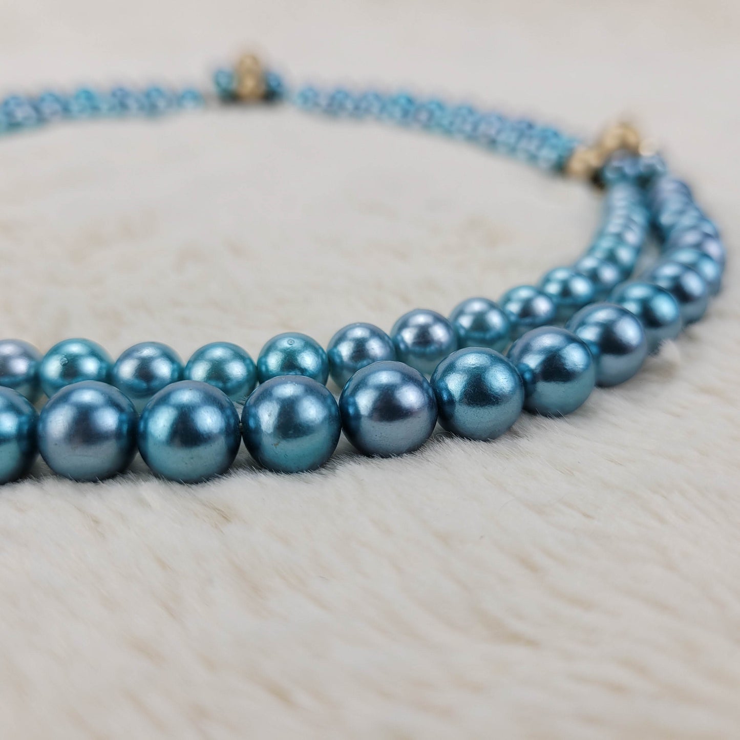 1950's Blue Bead Double Strand Necklace with Gold Tone Filigree Clasp