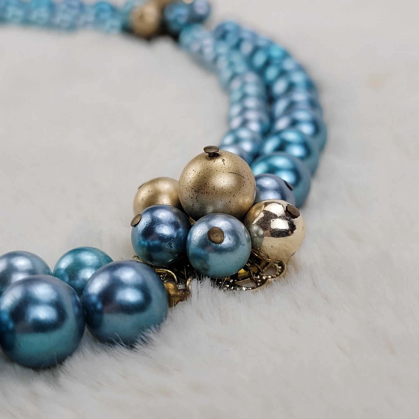 1950's Blue Bead Double Strand Necklace with Gold Tone Filigree Clasp