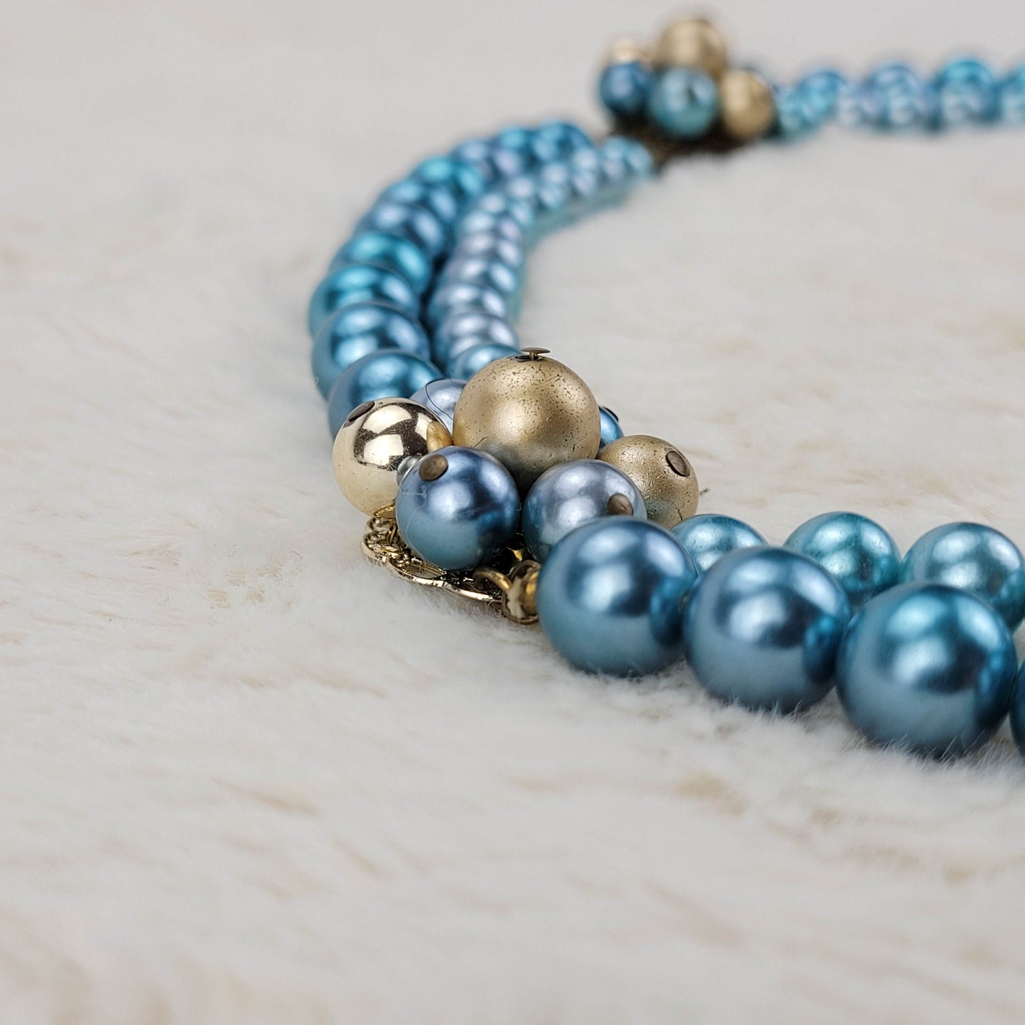 1950's Blue Bead Double Strand Necklace with Gold Tone Filigree Clasp