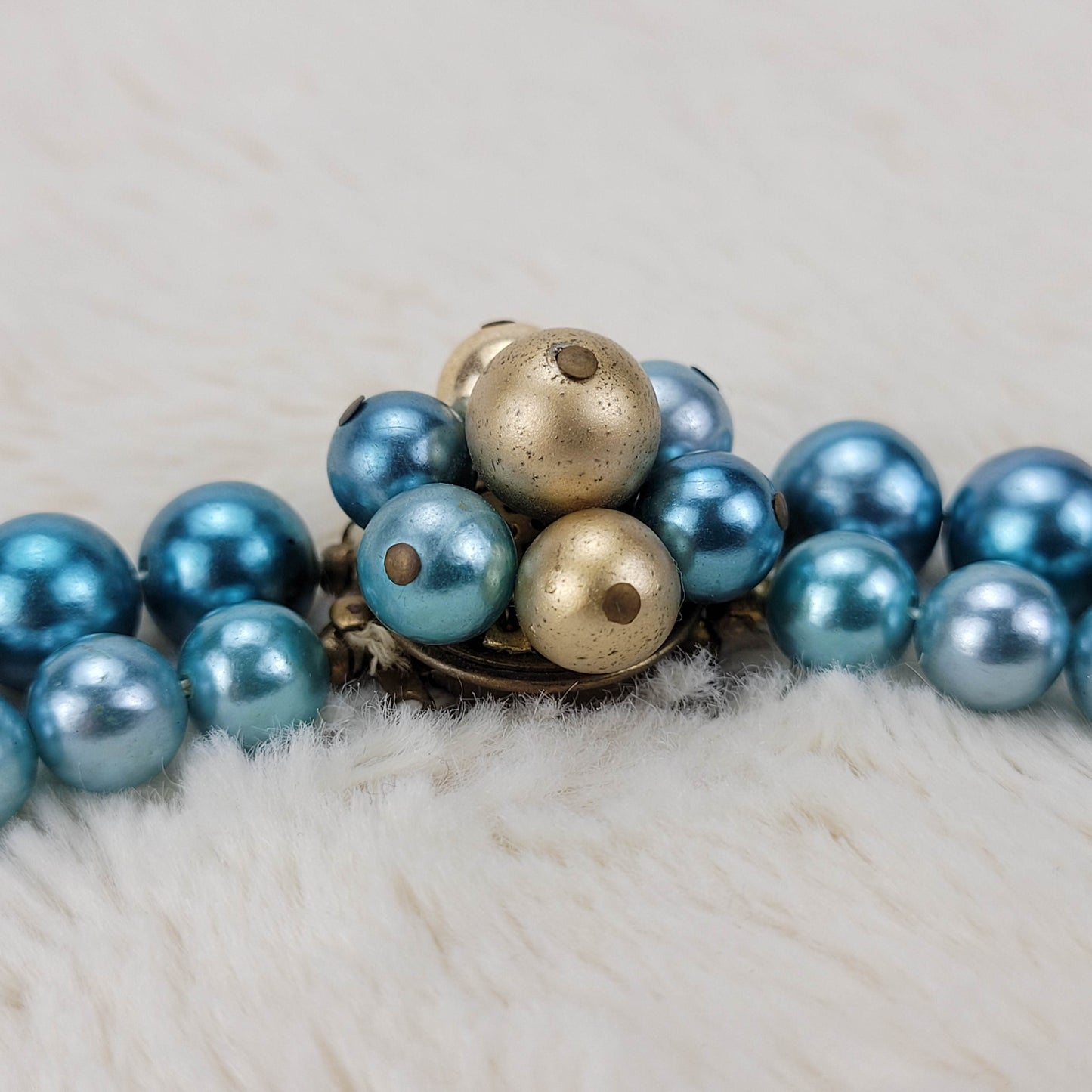 1950's Blue Bead Double Strand Necklace with Gold Tone Filigree Clasp