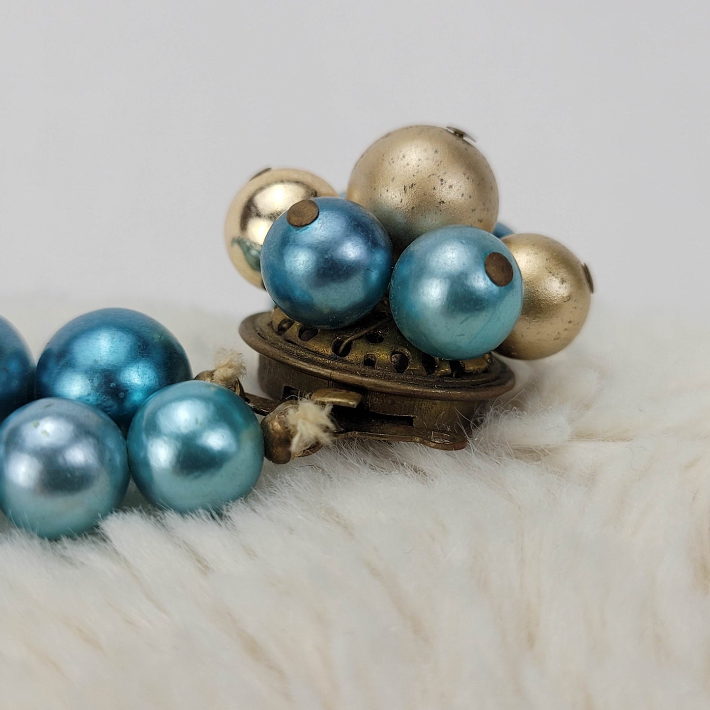 1950's Blue Bead Double Strand Necklace with Gold Tone Filigree Clasp
