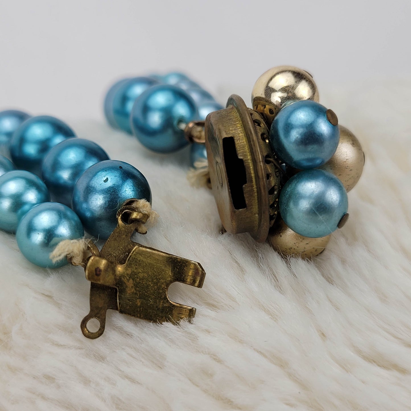 1950's Blue Bead Double Strand Necklace with Gold Tone Filigree Clasp