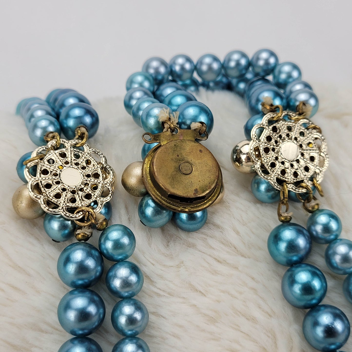 1950's Blue Bead Double Strand Necklace with Gold Tone Filigree Clasp