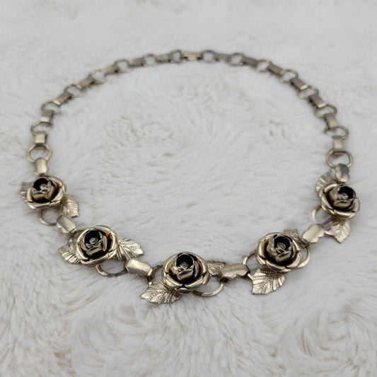 1970s Vintage Necklace with Gold Tone Metal Flower and Clear Rhinestone Centers