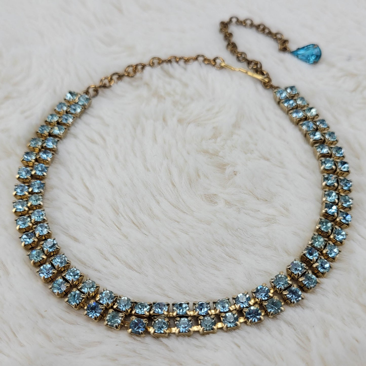 1950's Light Blue Rhinestone Double Row Necklace