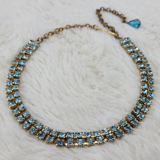 1950s Vintage Necklace with a Double Row of Light Blue Rhinestones