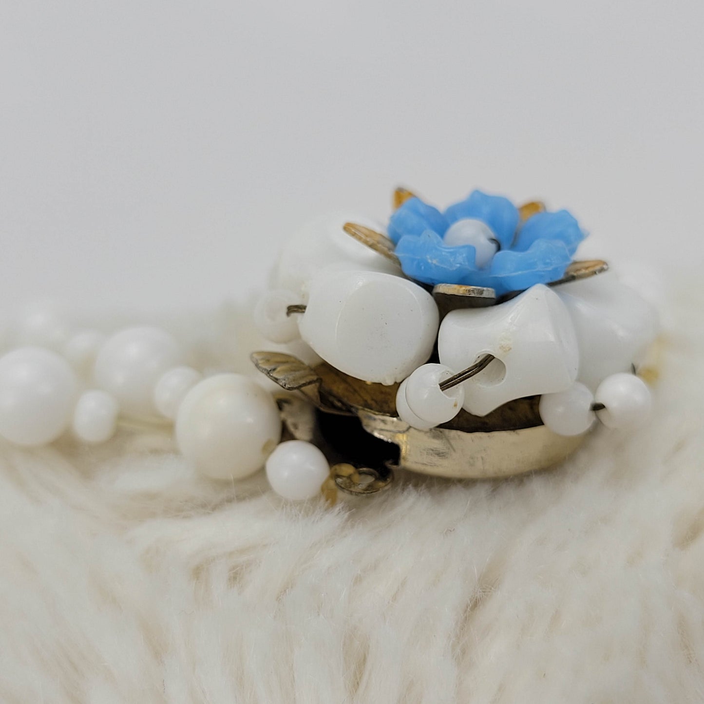 1940's Vintage White Bead and Flower Necklace from Hong Kong