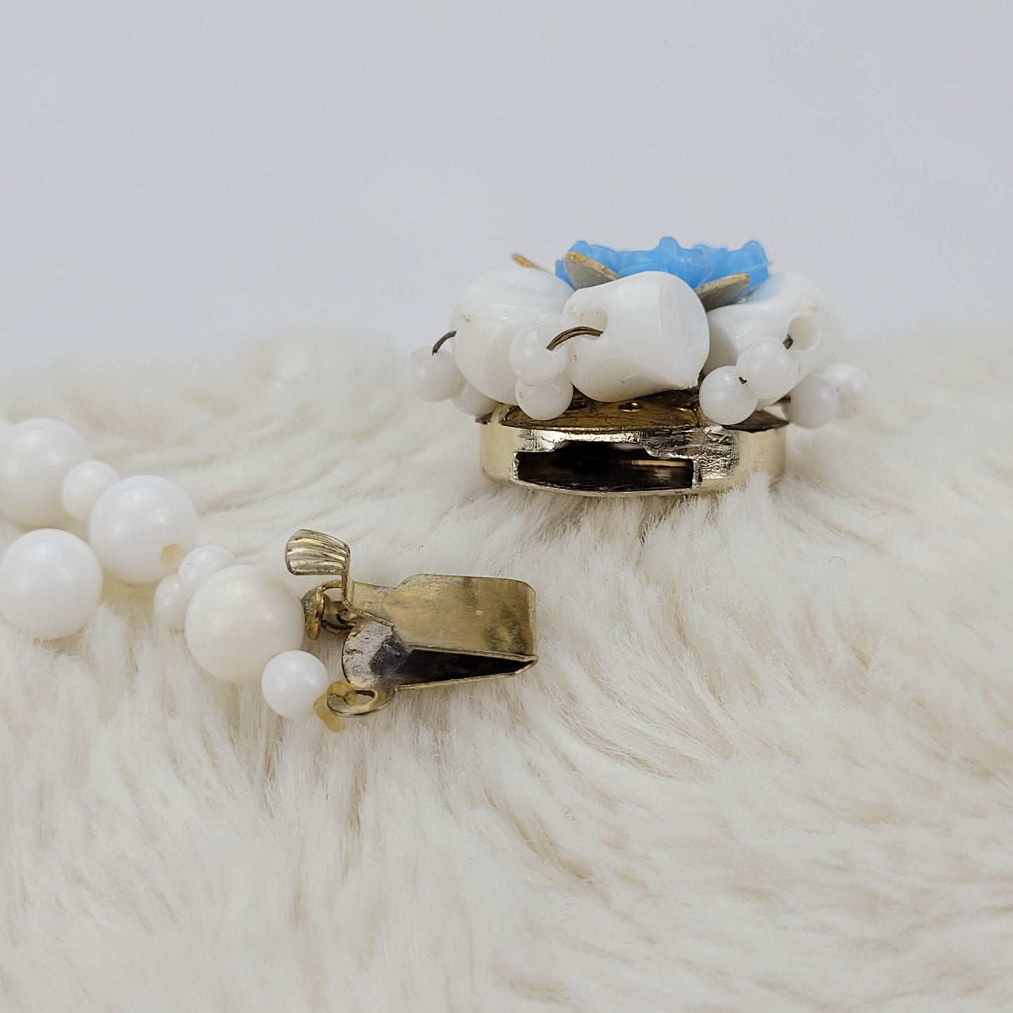 1940's Vintage White Bead and Flower Necklace from Hong Kong