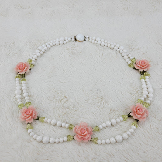 1930s Vintage White Bead and Pink Long Flower Necklace from Germany