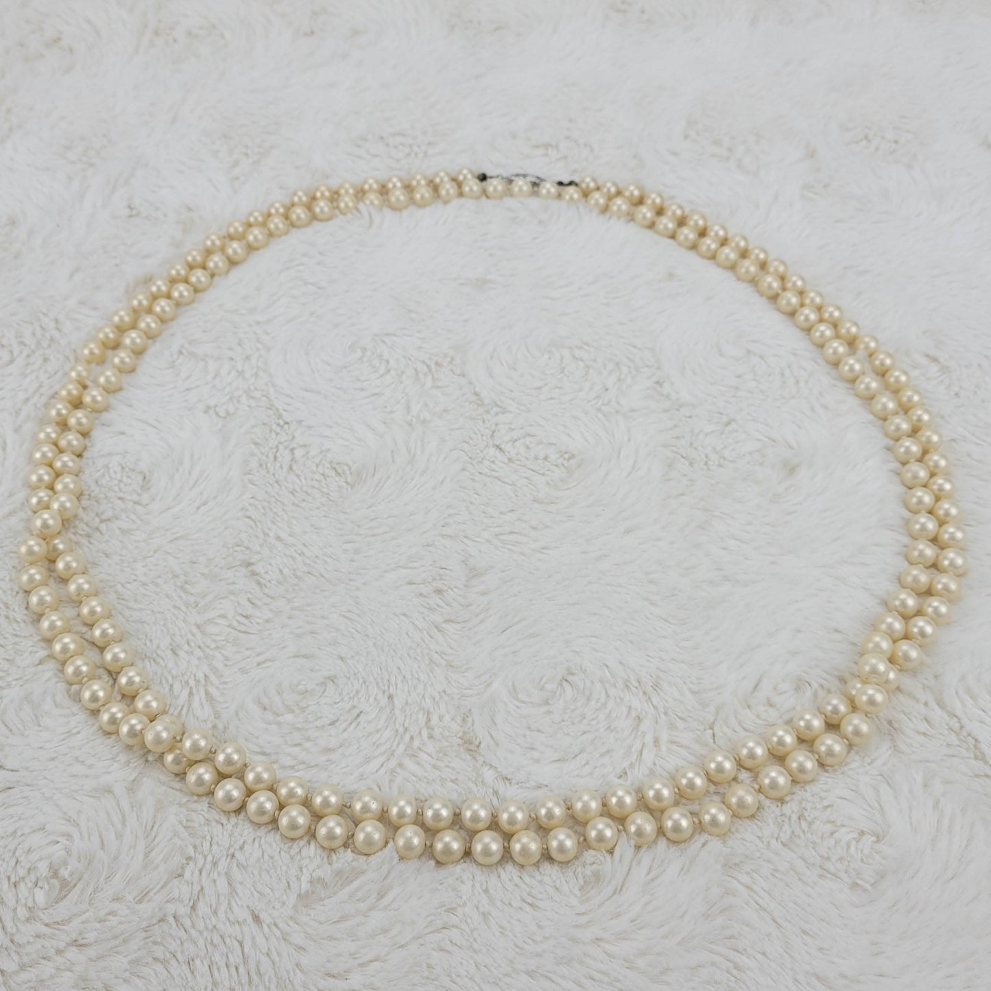 1950's Double Row Pink Faux Pearl Opera Length Necklace by G Silver