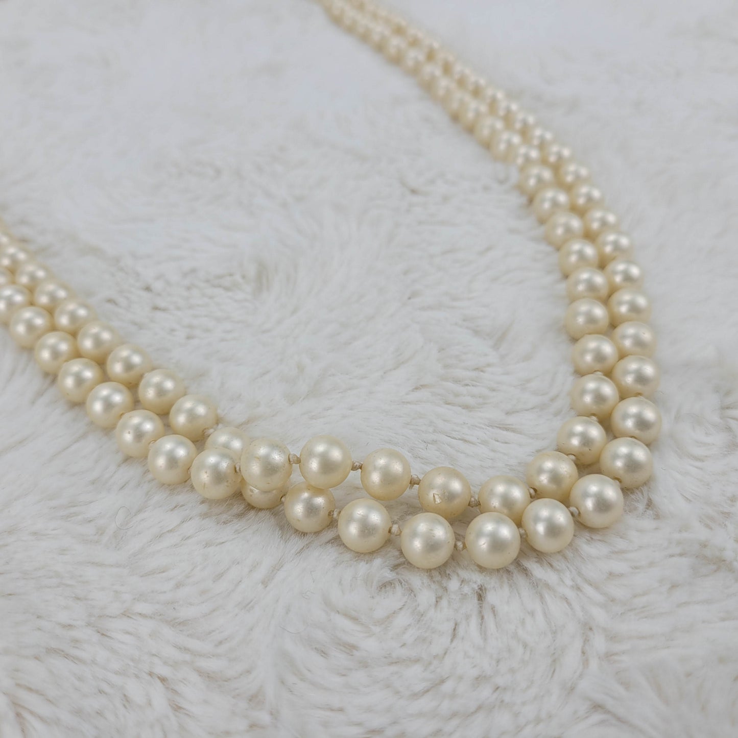 1950's Double Row Pink Faux Pearl Opera Length Necklace by G Silver