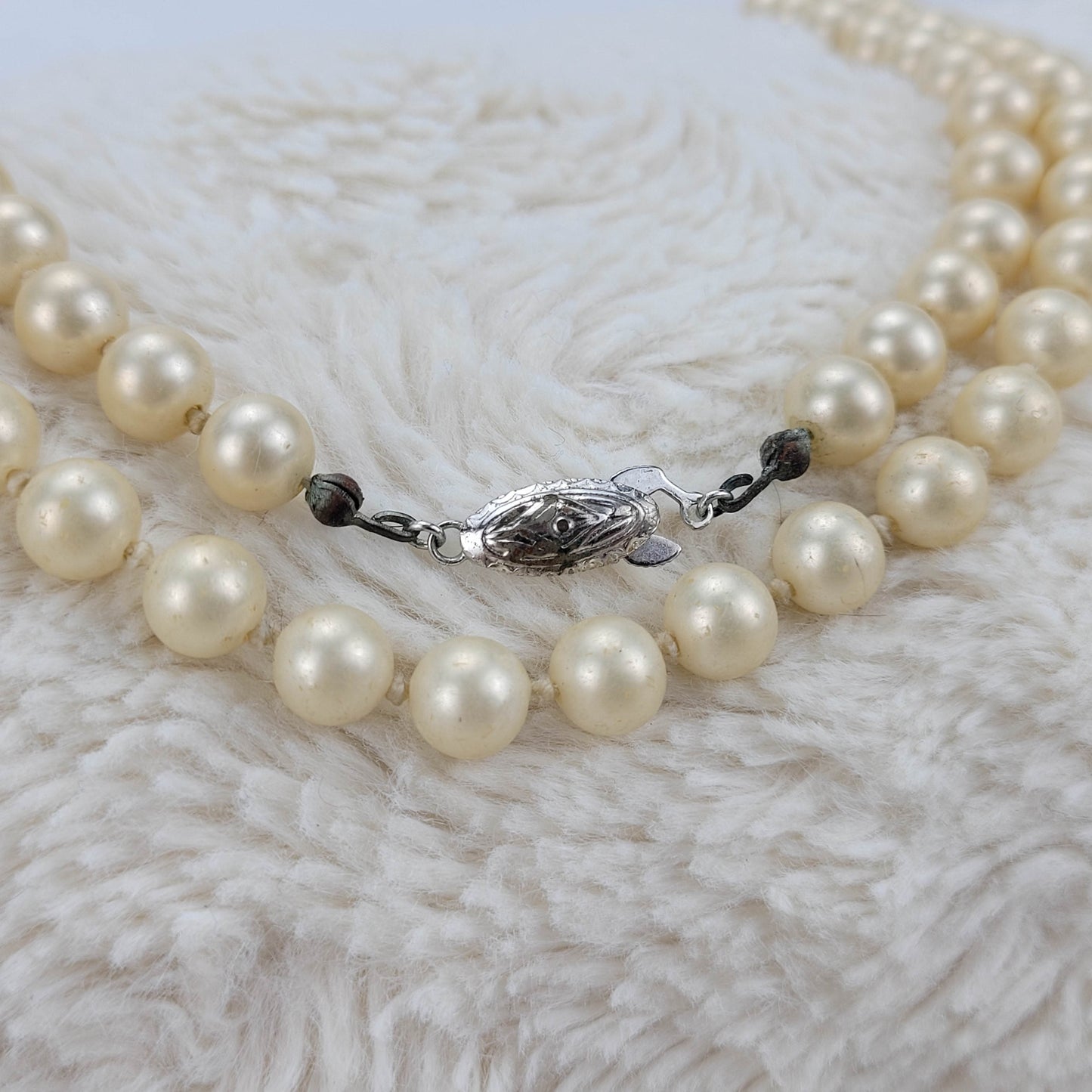 1950's Double Row Pink Faux Pearl Opera Length Necklace by G Silver