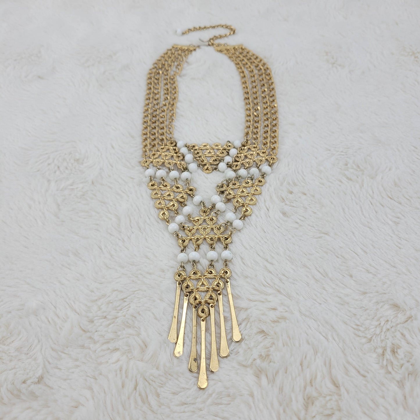 1970's Gold Tone Tone Metal and Pearl Bead Statement Necklace