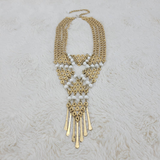 1970's Vintage Gold Tone Tone Metal and Pearl Bead Statement Necklace