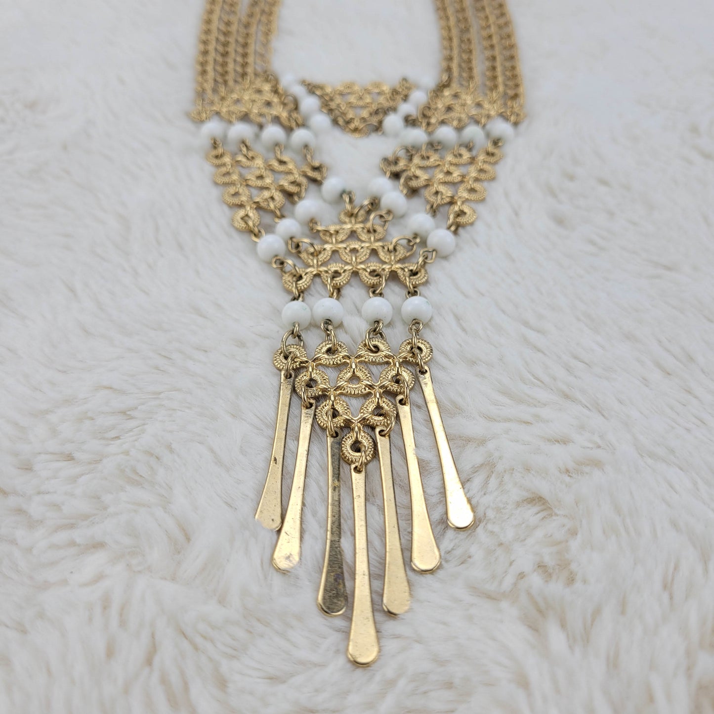 1970's Gold Tone Tone Metal and Pearl Bead Statement Necklace