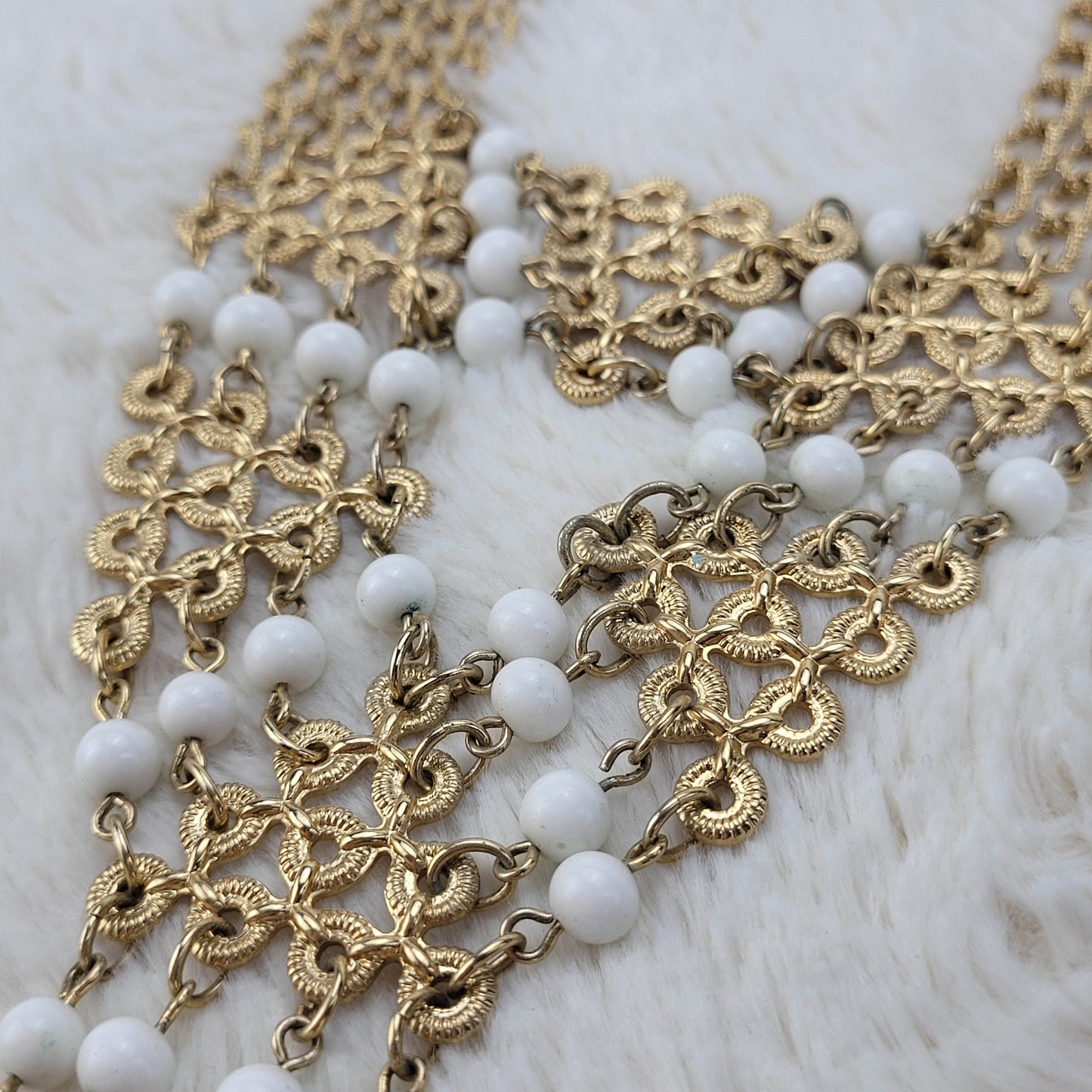 1970's Gold Tone Tone Metal and Pearl Bead Statement Necklace