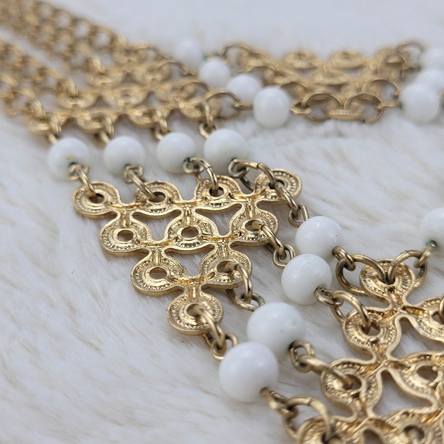 1970's Gold Tone Tone Metal and Pearl Bead Statement Necklace