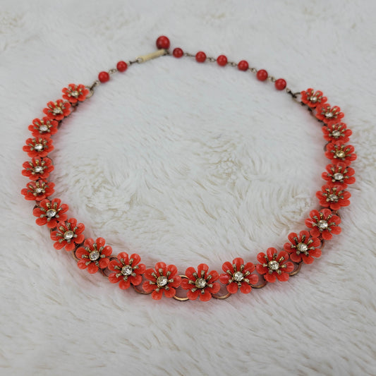 1950s Vintage Red Orange Flower Chain Necklace with Rhinestone Centers