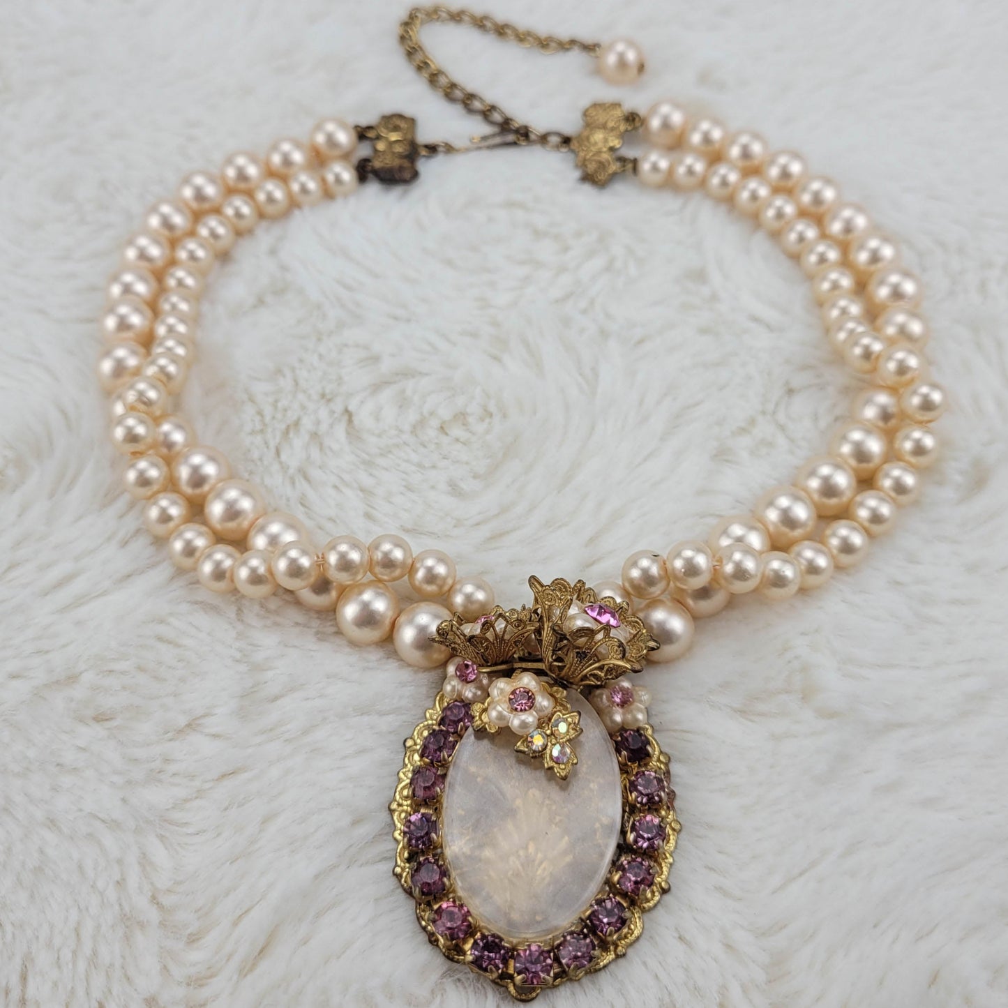 1940's Double Strand Pearl Bead Necklace with Purple Rhinestone and Flower Pendant