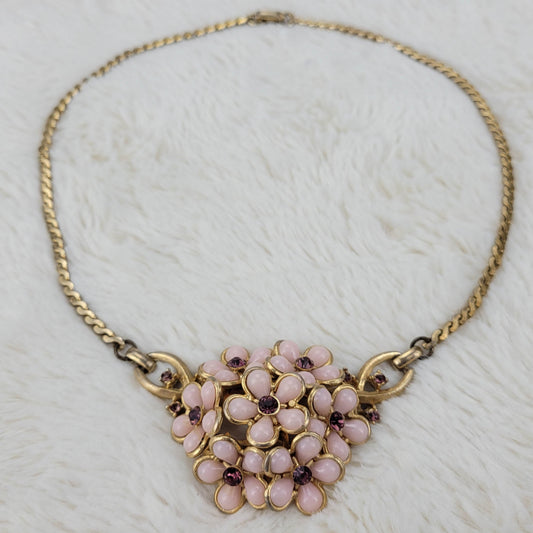 1950s Vintage Pink Bead and Gold Metal Tone Flower Necklace with Purple Rhinestone Centers