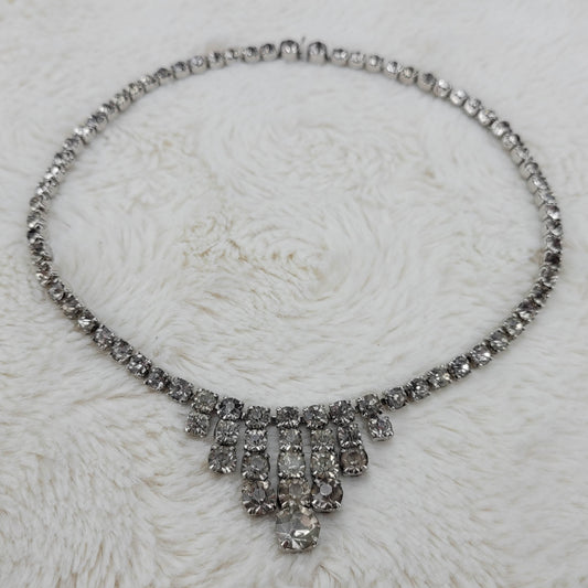 1950s Vintage Necklace with a Clear Rhinestone Single Row and Center Drops