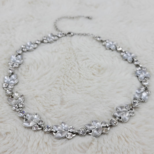 1950's Vintage Rhinestone and Frost Bead Leaf Chain Necklace