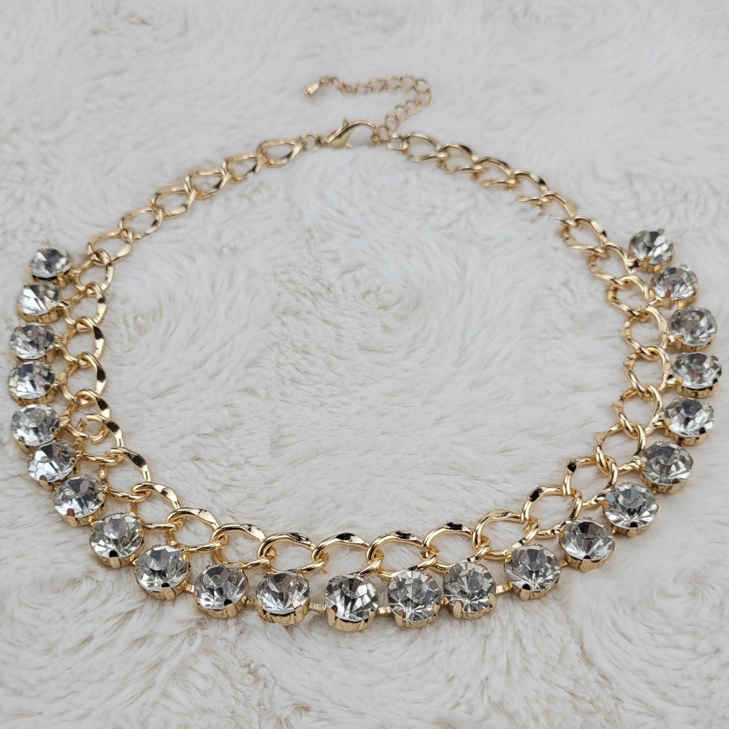 1970's Gold Tone Metal Tone Link Necklace with Clear Rhinestones