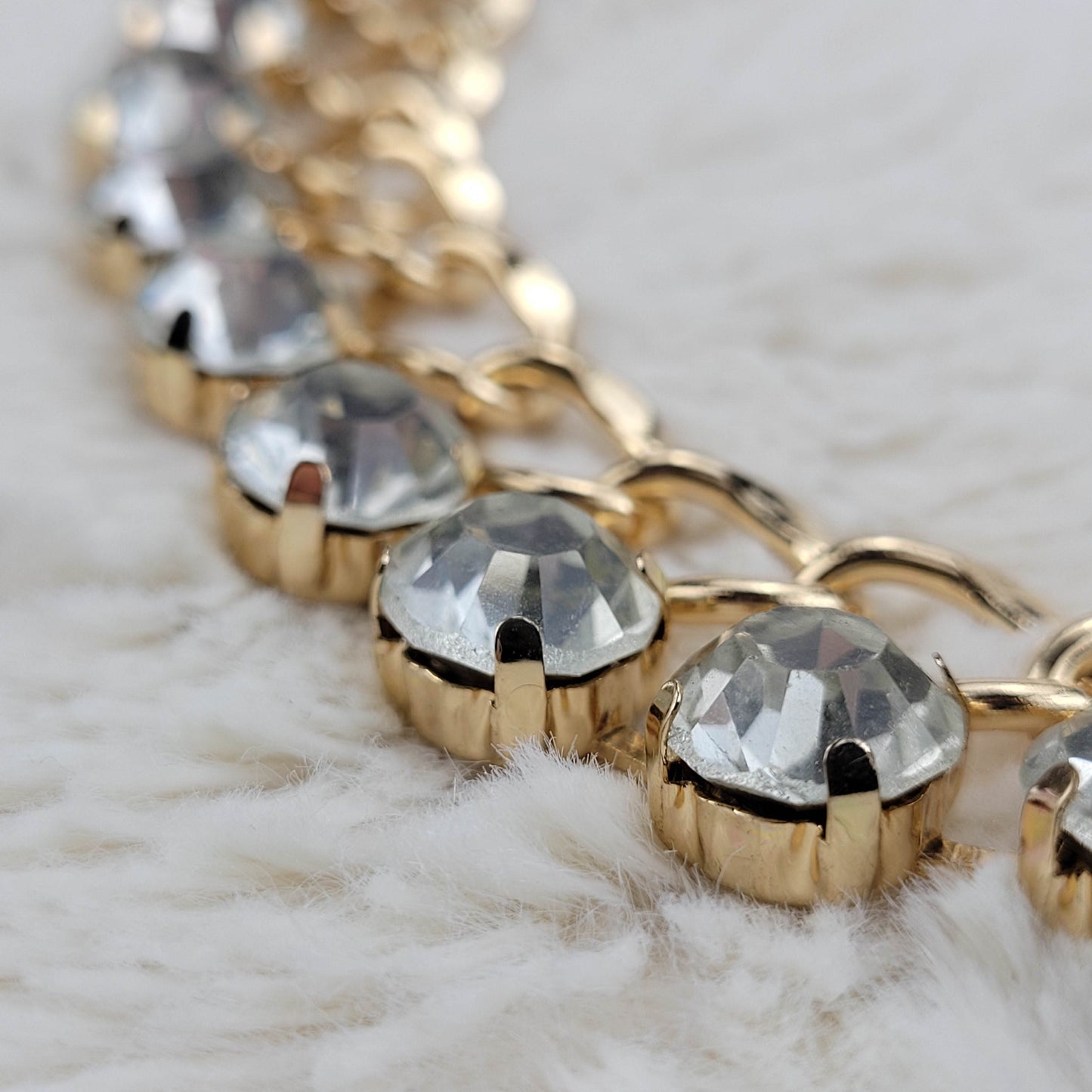 1970's Gold Tone Metal Tone Link Necklace with Clear Rhinestones