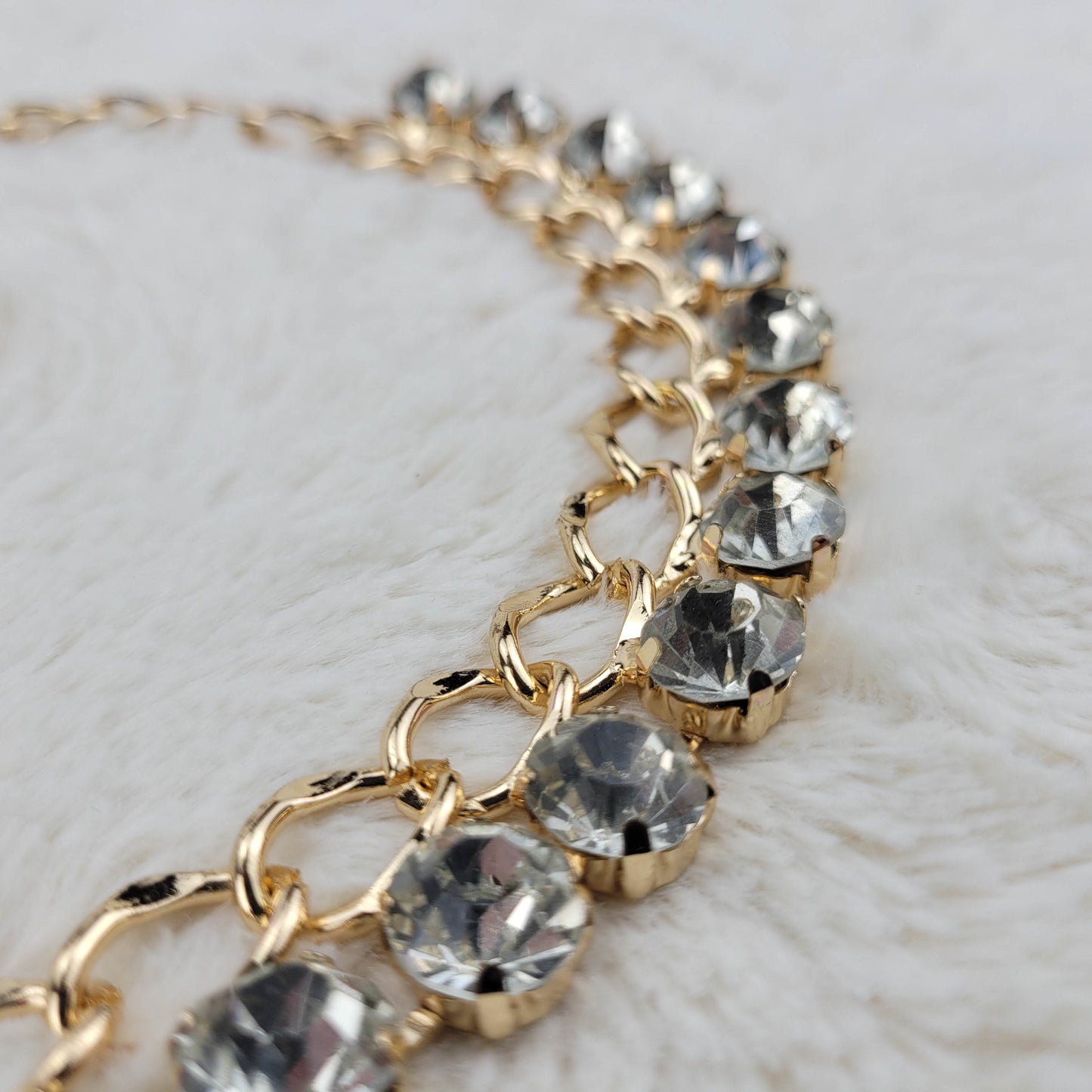 1970's Gold Tone Metal Tone Link Necklace with Clear Rhinestones