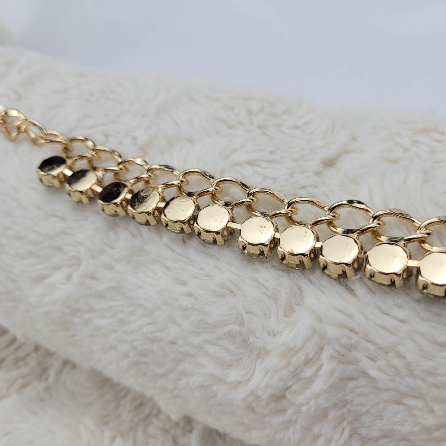 1970's Gold Tone Metal Tone Link Necklace with Clear Rhinestones