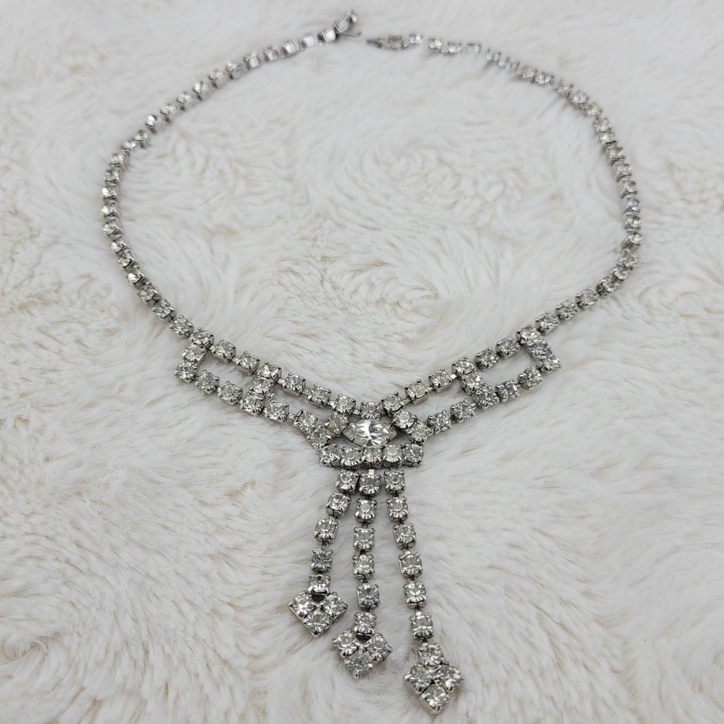 1950's Vintage Single Row Clear Rhinestone Necklace with a 3 String Drop Center