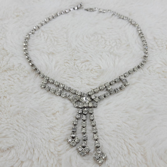 1950's Vintage Single Row Clear Rhinestone Necklace with a 3 String Drop Center