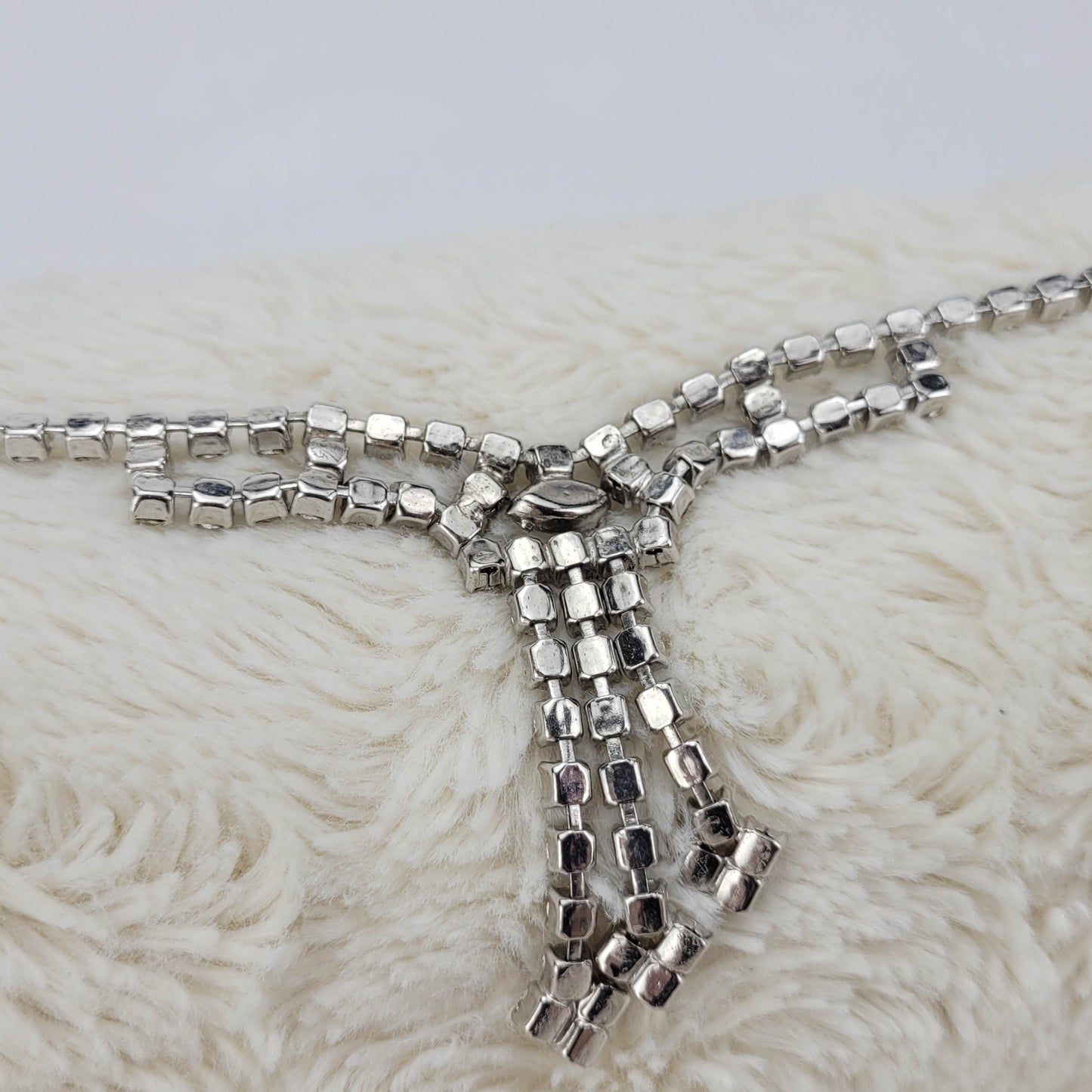 1950's Vintage Single Row Clear Rhinestone Necklace with a 3 String Drop Center
