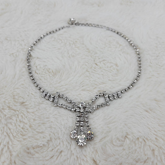 1950's Vintage Clear Rhinestone Bow Drop Necklace