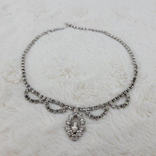 1950's Vintage Clear Rhinestone Loop Necklace with a Center Pendant
