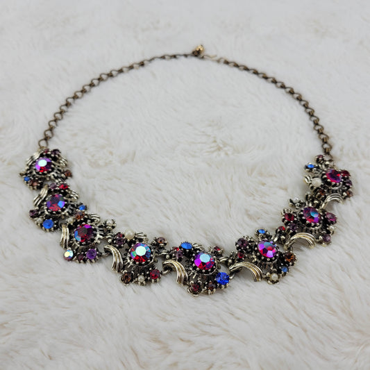 1950's Vintage Red and Blue Aurora Borealis Rhinestone Necklace