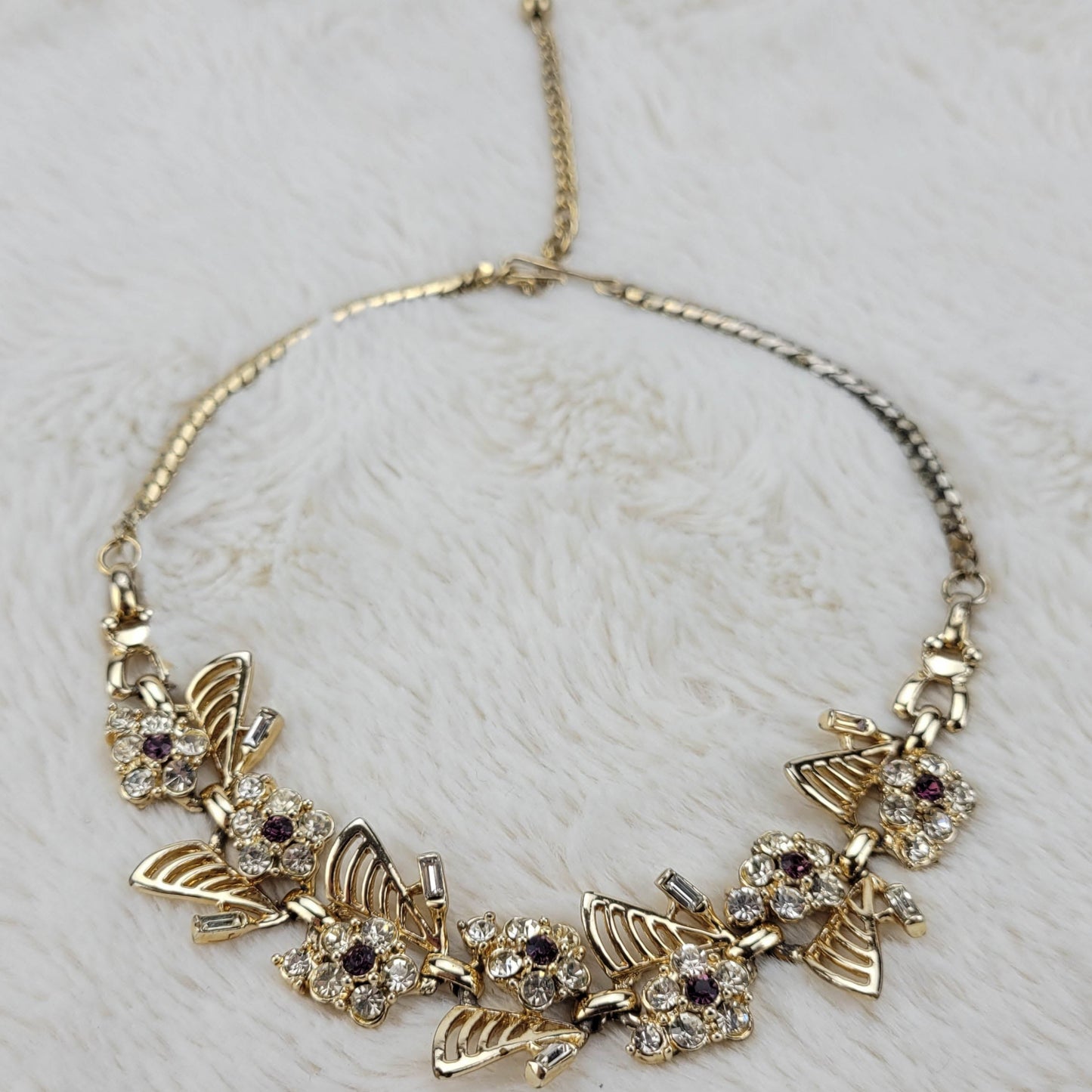 1960's Clear Rhinestone and Gold Metal Tone Flower Necklace with Purple Centers