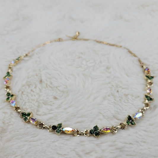 1950s Vintage Green and Aurora Borealis Rhinestone Flower Necklace