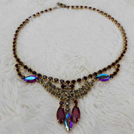 1950's Vintage Opulent Aurora Borealis Multi-Stand Necklace with Center Drops