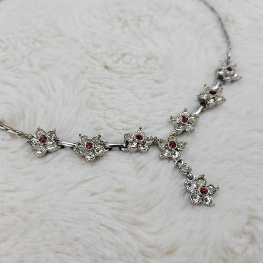 1950s Vintage Clear and Red Rhinestone Flower Vintage Drop Necklace