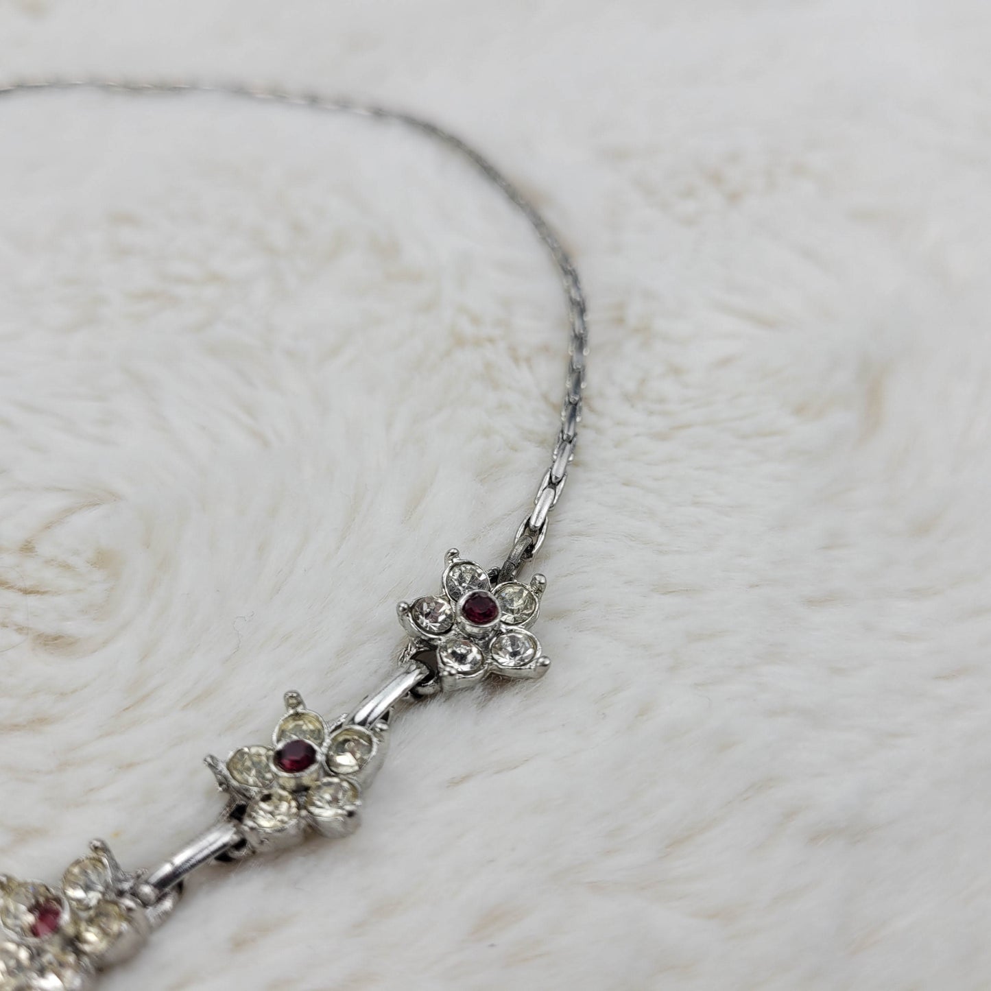 1950s Vintage Clear and Red Rhinestone Flower Vintage Drop Necklace